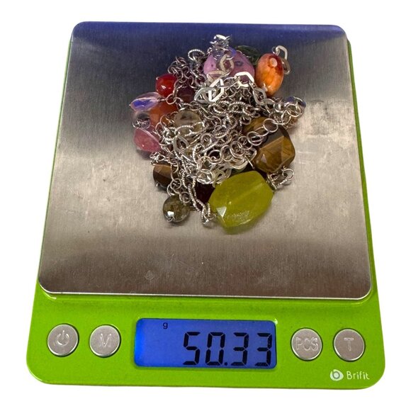 Multi Layered Sterling Silver Bib Necklace Tigers Eye + Colorful Gemstone Beads - Picture 6 of 9